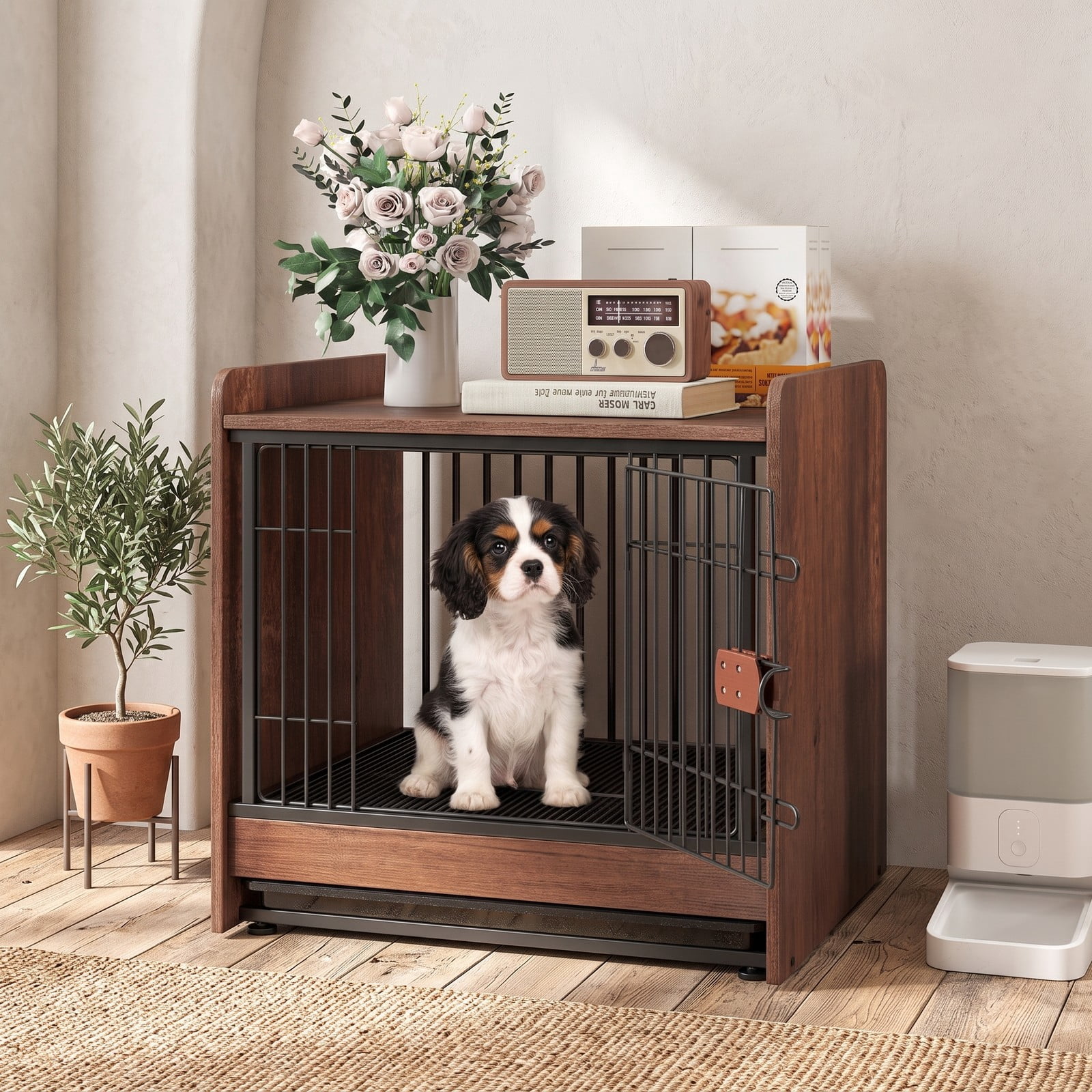 ALPULON Dog Crate Indoor Dog Cage End Table with Removable Tray and Lockable Door, Heavy Duty Metal Wood Furniture Style Pet Kennel for Small Medium Dogs, Rustic Brown