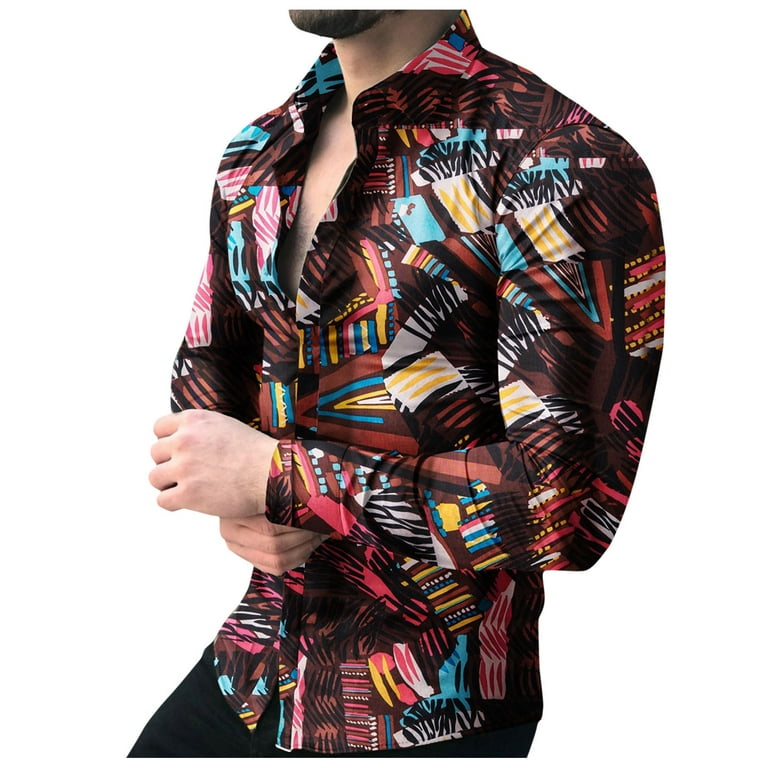 adviicd Hawaiian Shirt Men‘S Long Sleeve Stripe Painting Button Large Size  Casual Top Blouse Shirts Brown M
