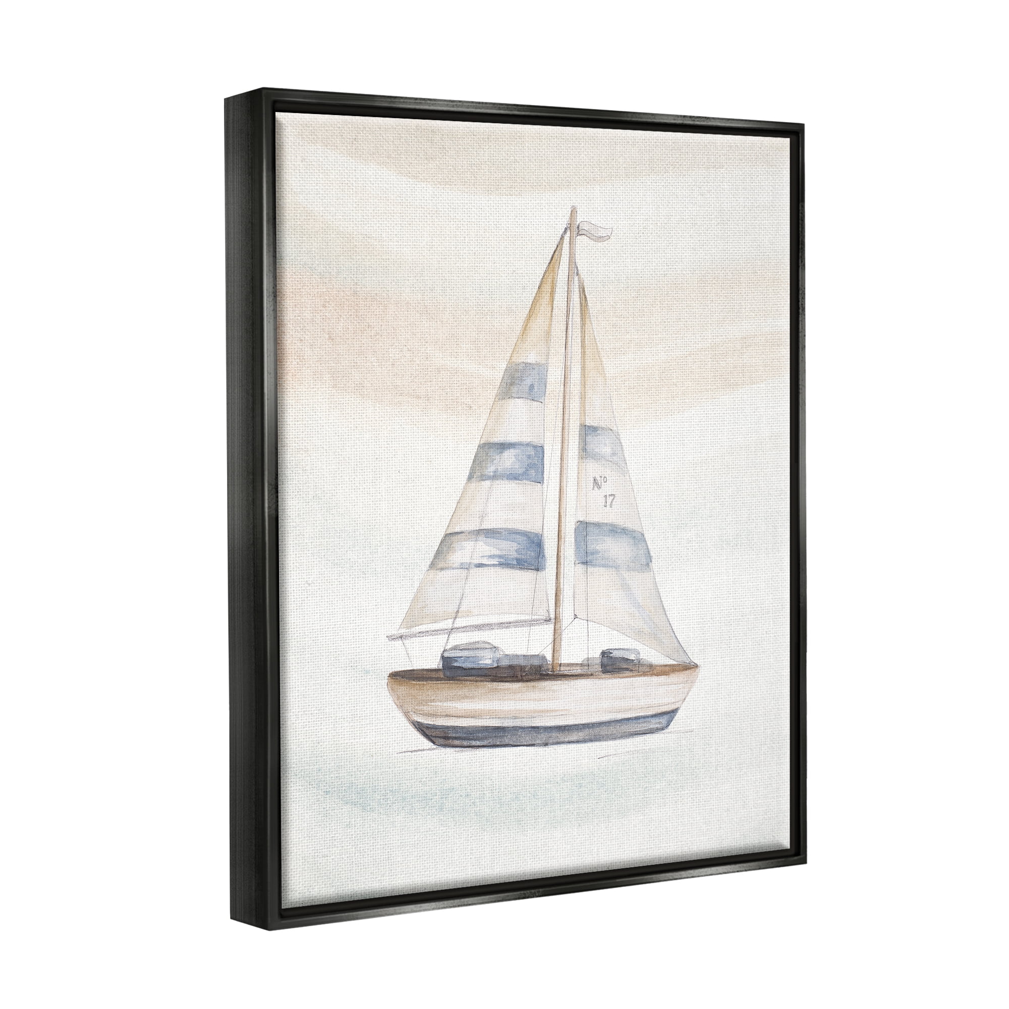 Stupell Industries Nautical Sailboat Drifting Pale Abstract Ocean Waves Graphic Art Jet Black Floating Framed Canvas Print Wall Art, Design by Patricia Pinto