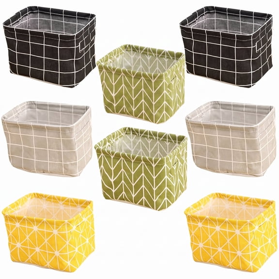 8 Pack Foldable Canvas Storage Baskets, Collapsible Small Fabric Organizer Bins with Side Handles, Grid Pattern Decor Storage Containers for Toys Sundries Closet Bedroom