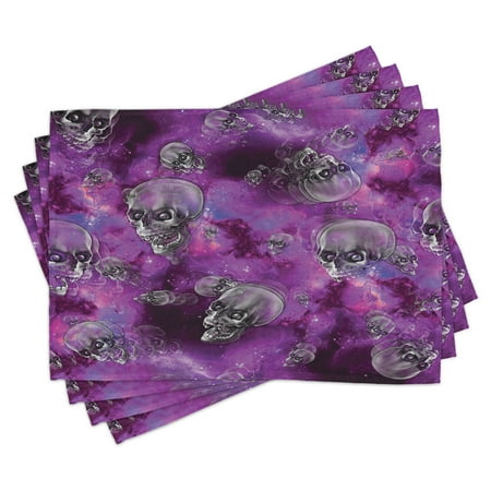 

Skull Placemats Set of 4 Horror Movie Thirller Themed Flying Skull Heads Halloween in Outer Space Image Washable Fabric Place Mats for Dining Room Kitchen Table Decor Black and Purple by Ambesonne