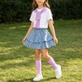 thumbnail image 5 of Daiosportswear Girls 4 Piece Summer Outfit Set, Crew Neck Tee Detachable Scarf Tiered Ruffle Denim Skirt Knee High Socks for 3-16Y Purple 11-12 Years, 5 of 9