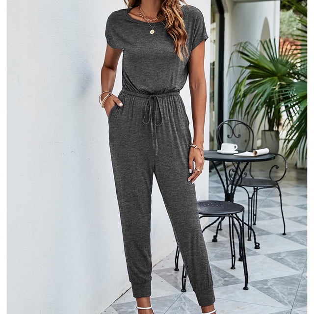 SMihono Pantalon en Lin pour Femmes Mode Grande Taille Combinaison Décontractée Ample pour Femmes Couleur Unie Col Rond Manches Courtes avec Poches Combinaison Pantalon Grand pour Femmes, jusqu'à 65 % de Réduction!