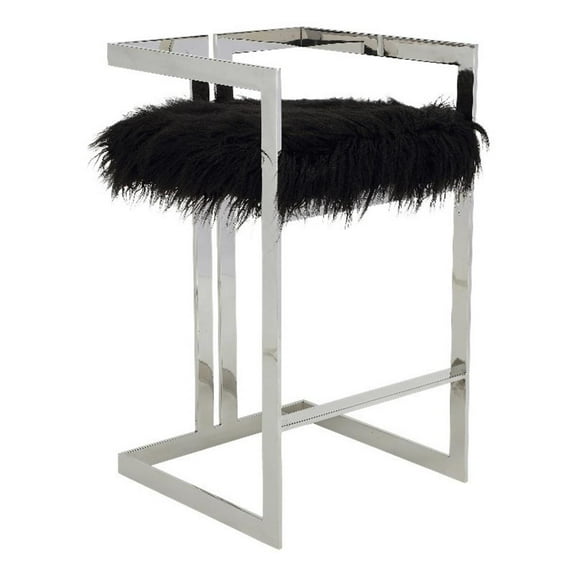 Suki 30 Inch Barstool Chair- Cushioned Black Faux Fur- Silver Cantilever
