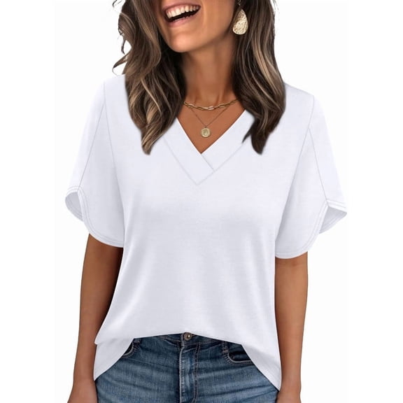 Ronuti Womens Summer Tops Short Petal Sleeve Shirts Fashion V Neck Womens Clothing White