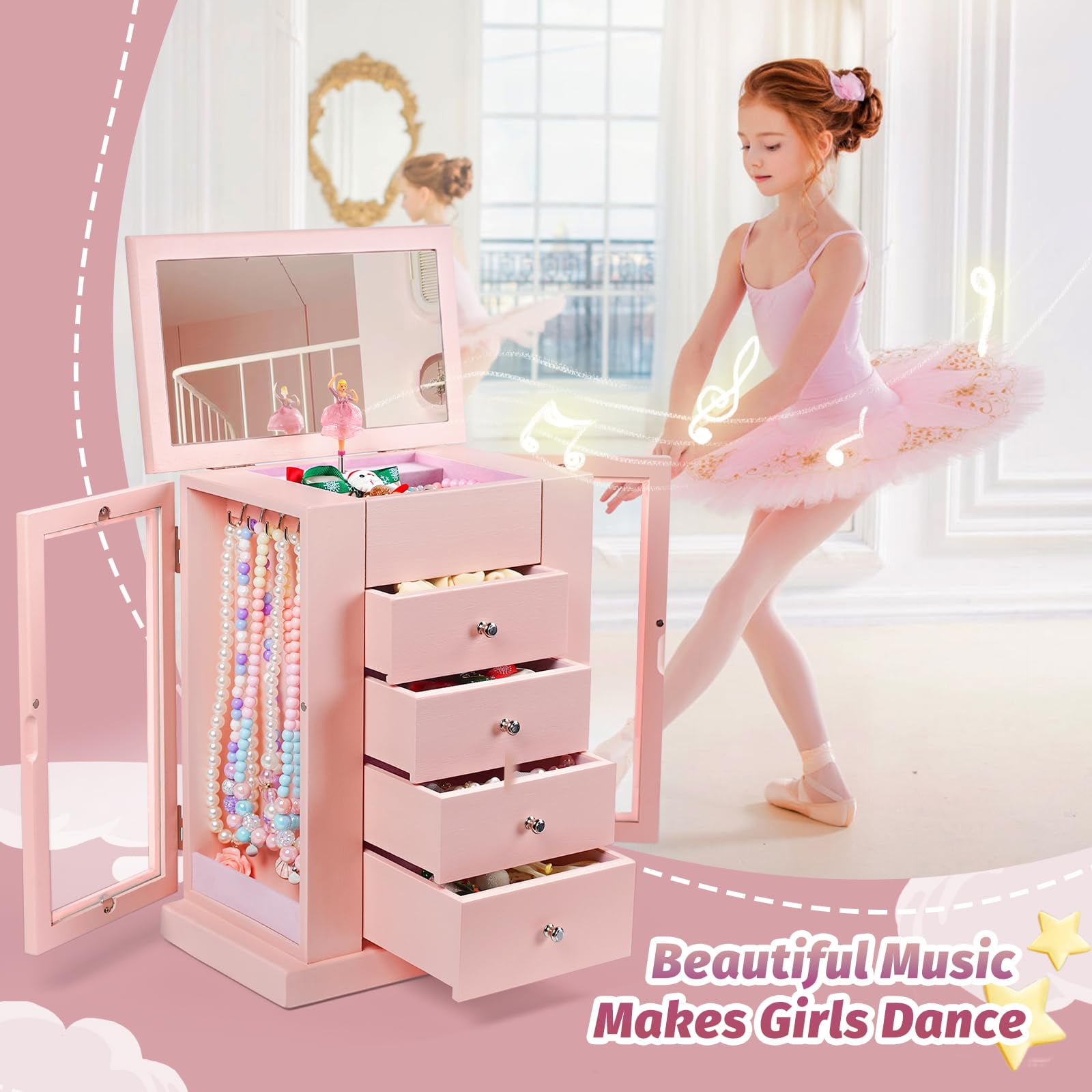 Music Jewelry Box for Girls, 5 Layer Musical Jewelry Organizer with Spinning Dancer for Kids Christmas New Year Birthday Gifts