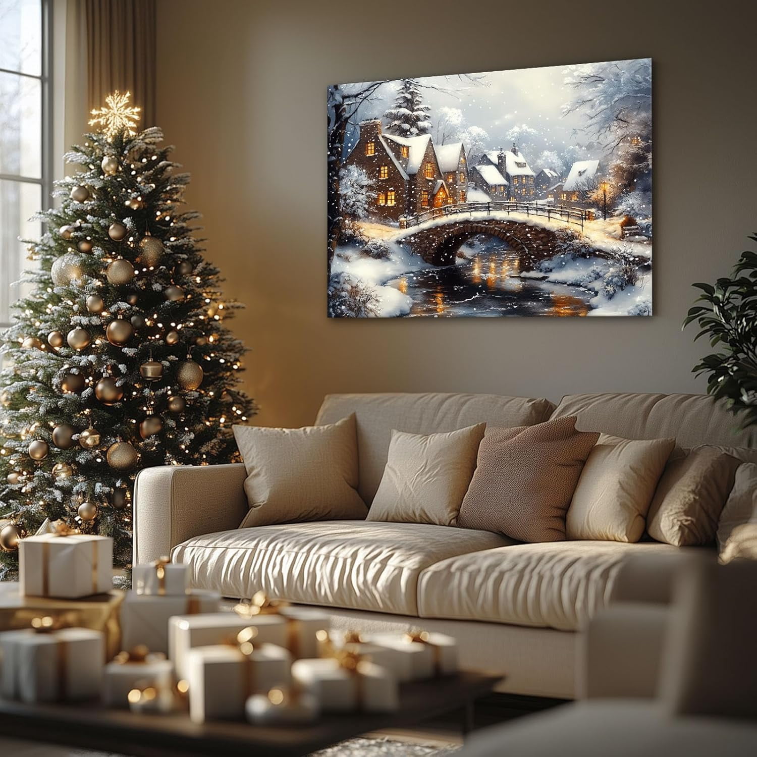 ChristmasCanvas Wall Art Decor with Nighttime Houses, Lights and Snowflakes, Festive Canvas Print for Room, Christmas-Themed Wall Décor for Celebration, Christmas Night Scene Wall Art, 20X24inch