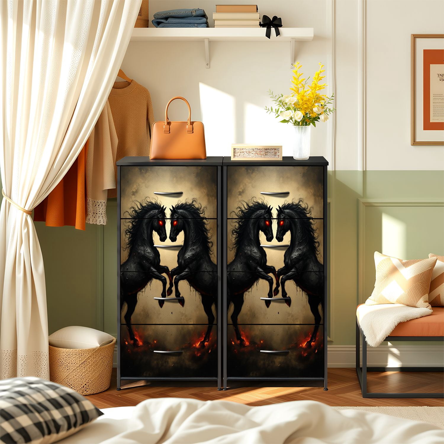 Gothic Dresser for Bedroom with 4 Storage Drawers Dark Fantasy Black Horses Fiery Accents Red Eyes Dressers Chest of Drawers Steel Framed Fabric Closet Organizers for Dorm Entryway