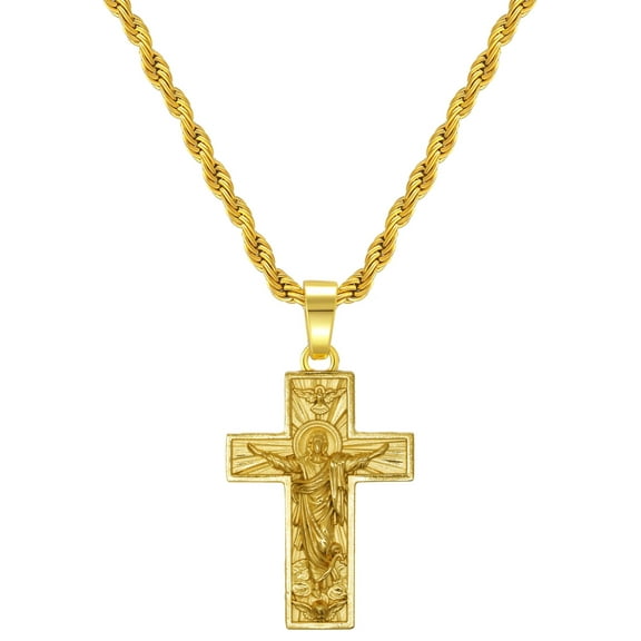 ICTPTOSL Birthday Day Gifts Crucifix Necklace for Men Gold Plated Cross Pendant with 24'' Rope Chain, Jesus Faith Jewelry Gifts for Men Son Uncle Christians