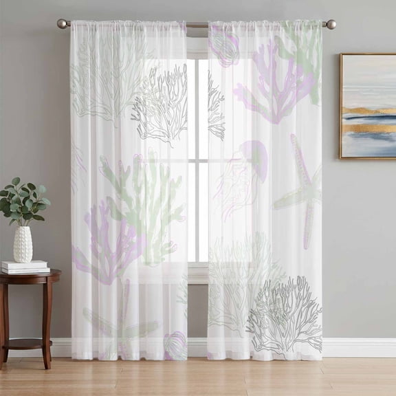 Sage Green Purple Coral Coastal Sheer Curtains 72 Inch Length 2 Panels Set, Nautical Starfish Beach Voile Window Treatment Rod Pocket Curtains Sheers Drapes for Bedroom/Living Room/Kitchen 52"x72"x2
