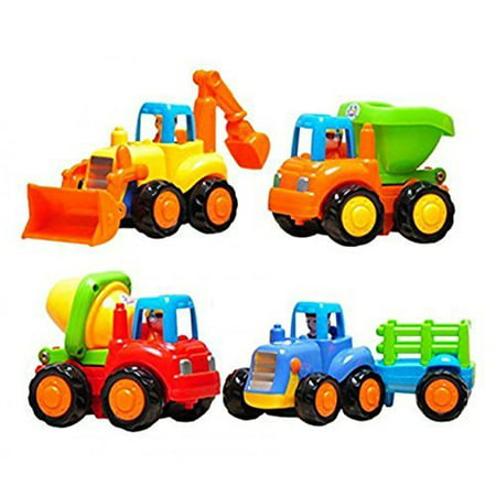 Friction Powered Cars Push and Go Toys Car Construction Vehicles Toys Set of 4 Tractor, Cement Mixer, Bulldozer & Dump Truck for Boys Baby Toddlers Kids Gift