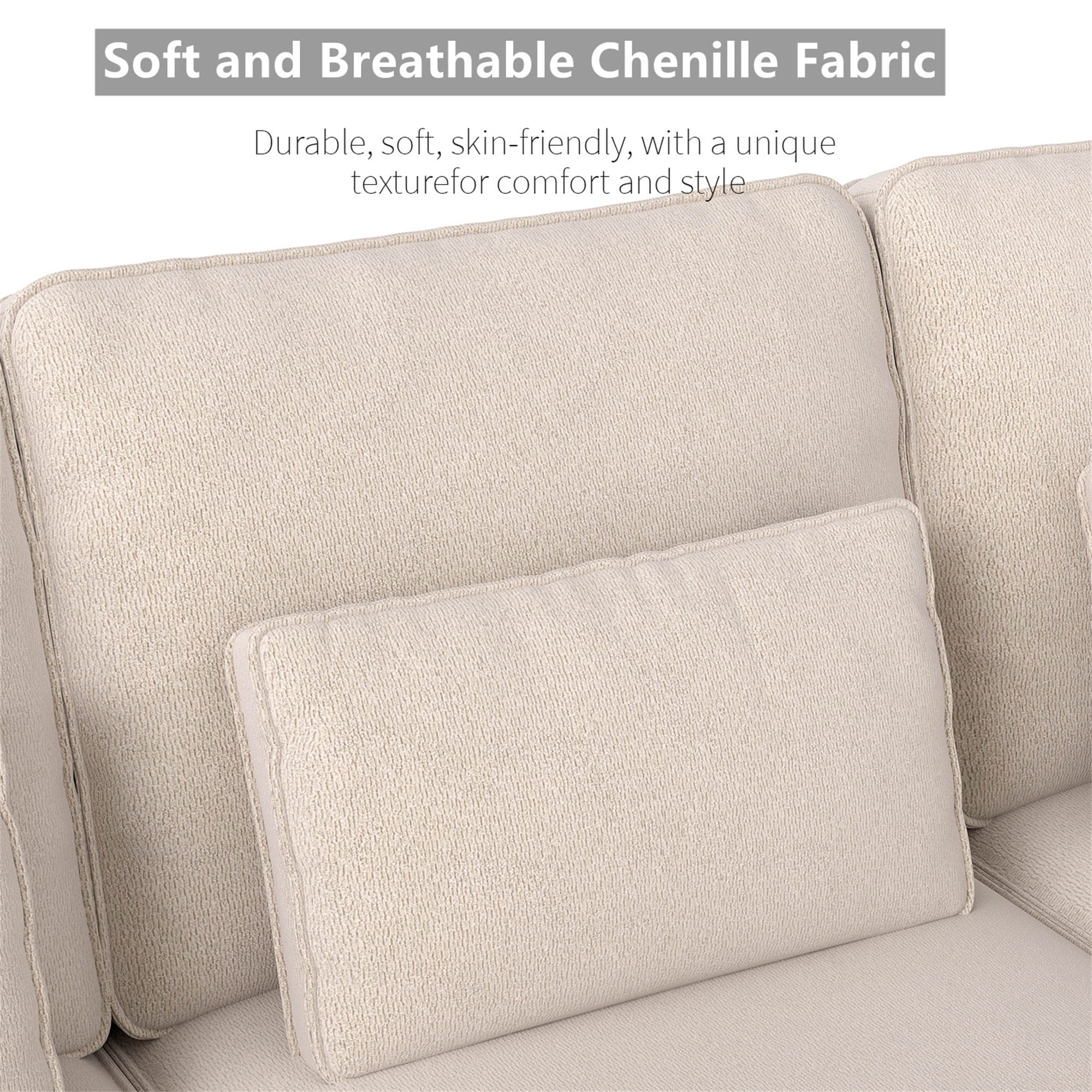 Aukfa 3 Piece Sofa Set - 99" Oversized 3 Seat Couch with Cup Holders&Pillows, Chenille, Beige