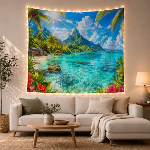 Turquoise Lagoon With Mountain and Palm Fronds, Cheerful Coastal Style for Beach Lovers, Tropical Wall Art, Housewarming Gift, Tapestry Wall Hanging for Bedroom and Living Room