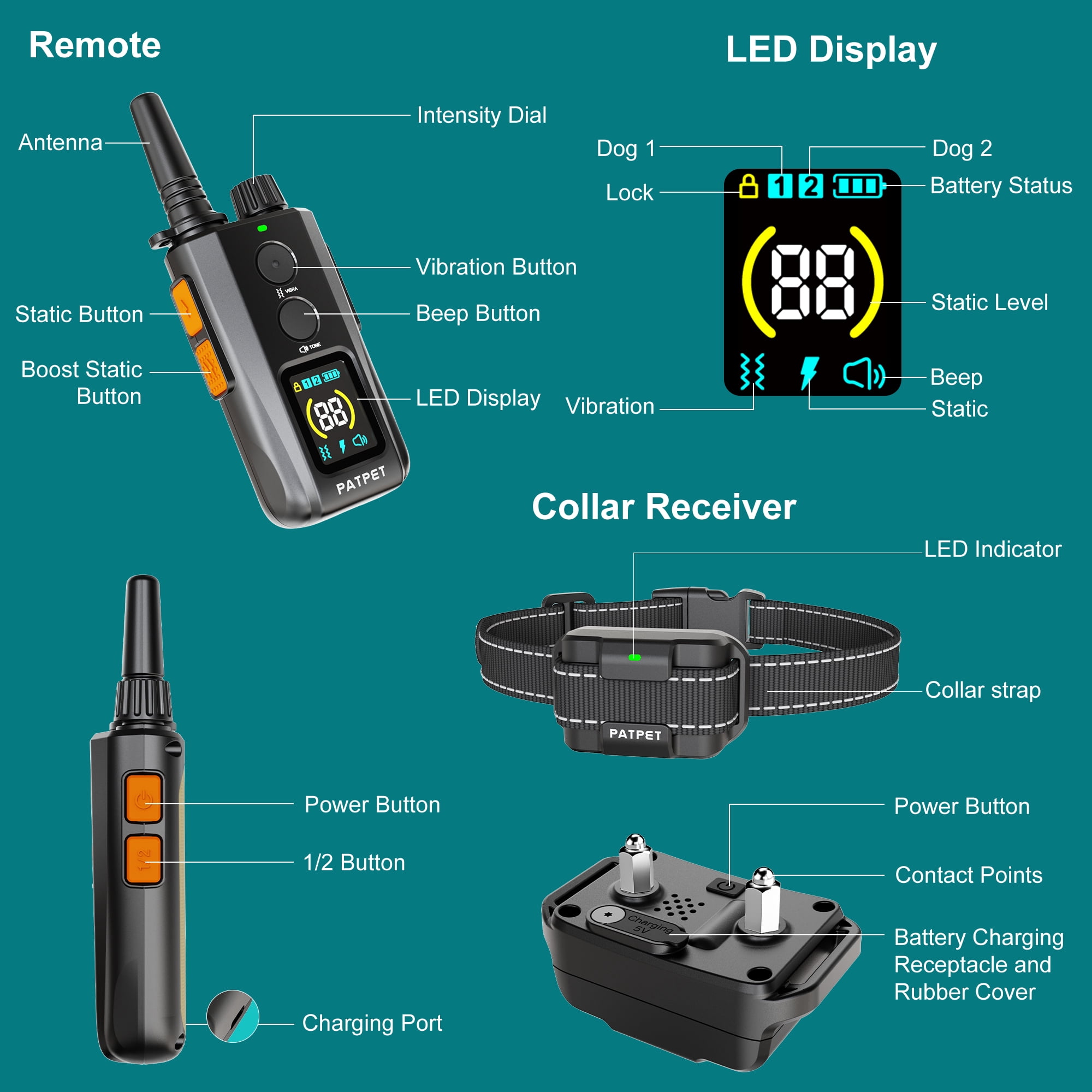 PATPET 2000FT Remote Waterproof Rechargeable LED Dog Training Collar with Electric Stimulation
