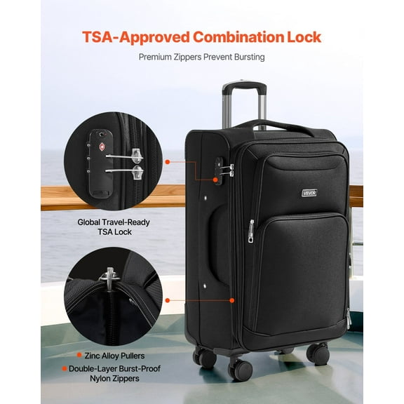 24-Inch Checked Luggage, Black Expandable Carry-On with 360° Spinner Wheels