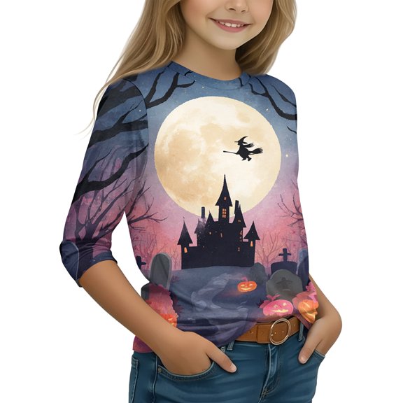 Grblisyd Pumpkin Halloween Shirts for Girls Boys Funny Ghost Graphic Crewneck 3/4 Sleeve Tees Kids Cute Holiday Party Clothes