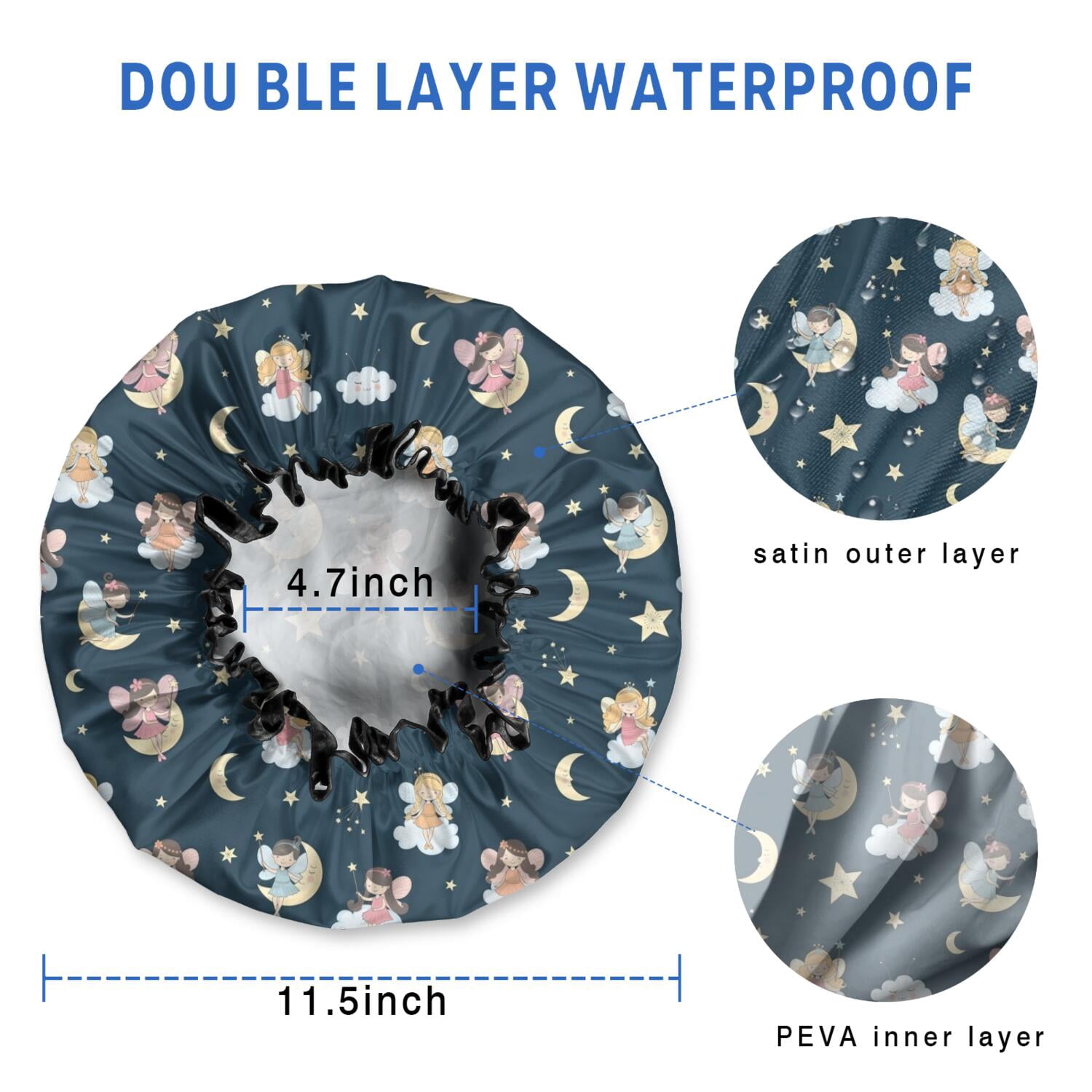 Shower Caps,Dark Blue Star Fairy Pattern Waterproof Shower Cap for Women 4 Pieces,Double Reusable Hair Cover for Shower PEVA Elastic Stretch Hem