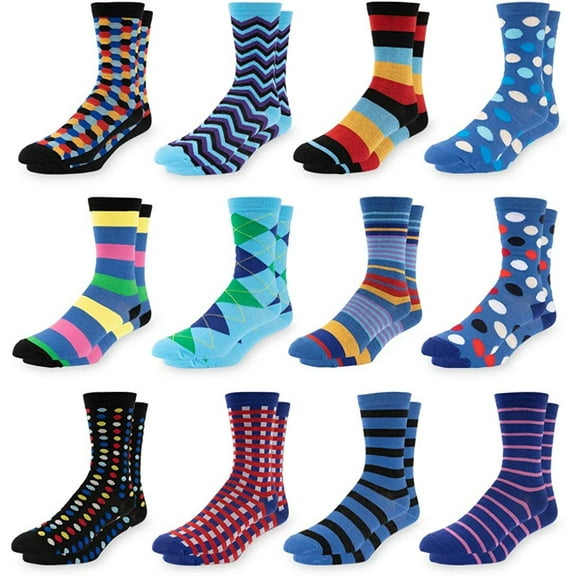 Men's Colorful Dress Socks - Fun Patterned Funky Crew Socks For Men - 12 Pack