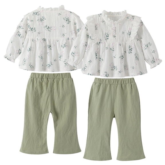 LYMAYTER Kids Baby Girls Shirt Outfit Cotton Floral Long Sleeve Tops and Trousers 2PCS for 3m- 4 T Toddler Spring Summer Ruffle Collar Tees Shirt Set