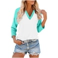 thumbnail image 3 of Fanxing 3/4 Length Sleeve Womens Tops Breathable Color Block V Neck T Shirts Fashion Raglan Sleeve Tshirts Light Blue,M, 3 of 8