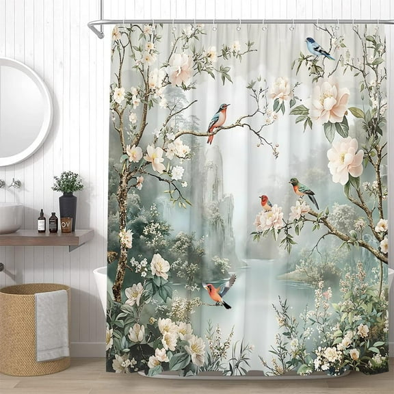 Vintage Floral Birds Shower Curtain Asian Style Flower Botanical Trees Branch Mountain Landscape Bathroom Decor Curtains Set with Hooks-72"W x 72"L (Pack of 1)