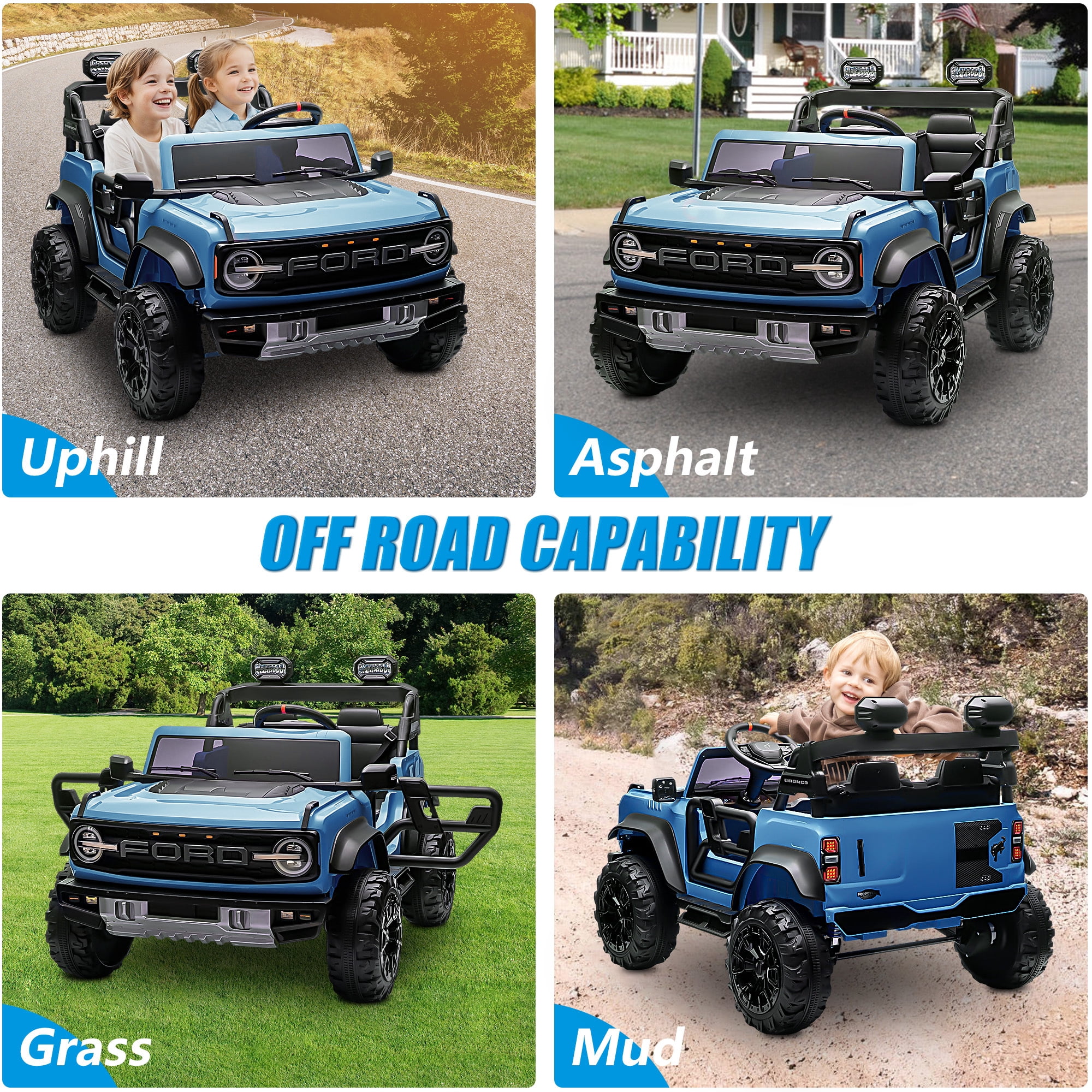 Conchico 24V 2 Seater Licensed Ford Bronco Powered Ride-On Truck, Kids Ride on Toys with Remote Control & Seatbelt, Blue
