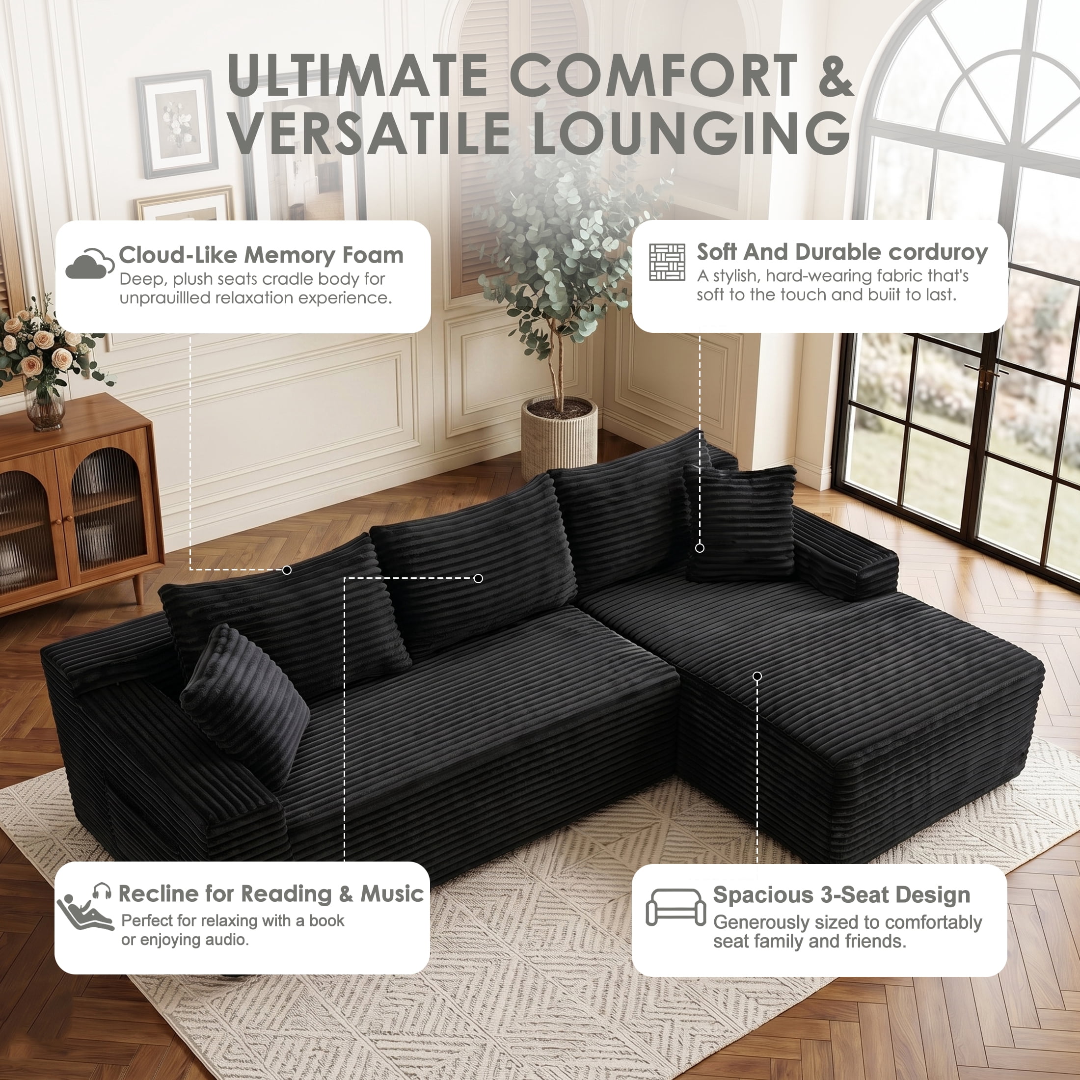 Xiweot 106" Cloud Sectional Sofa Deep Seat Boneless Couch L-Shaped Modular Couch, Modern Right Chaise Corduroy Upholstered Sofa with Side Pockets for Living Room, Gray