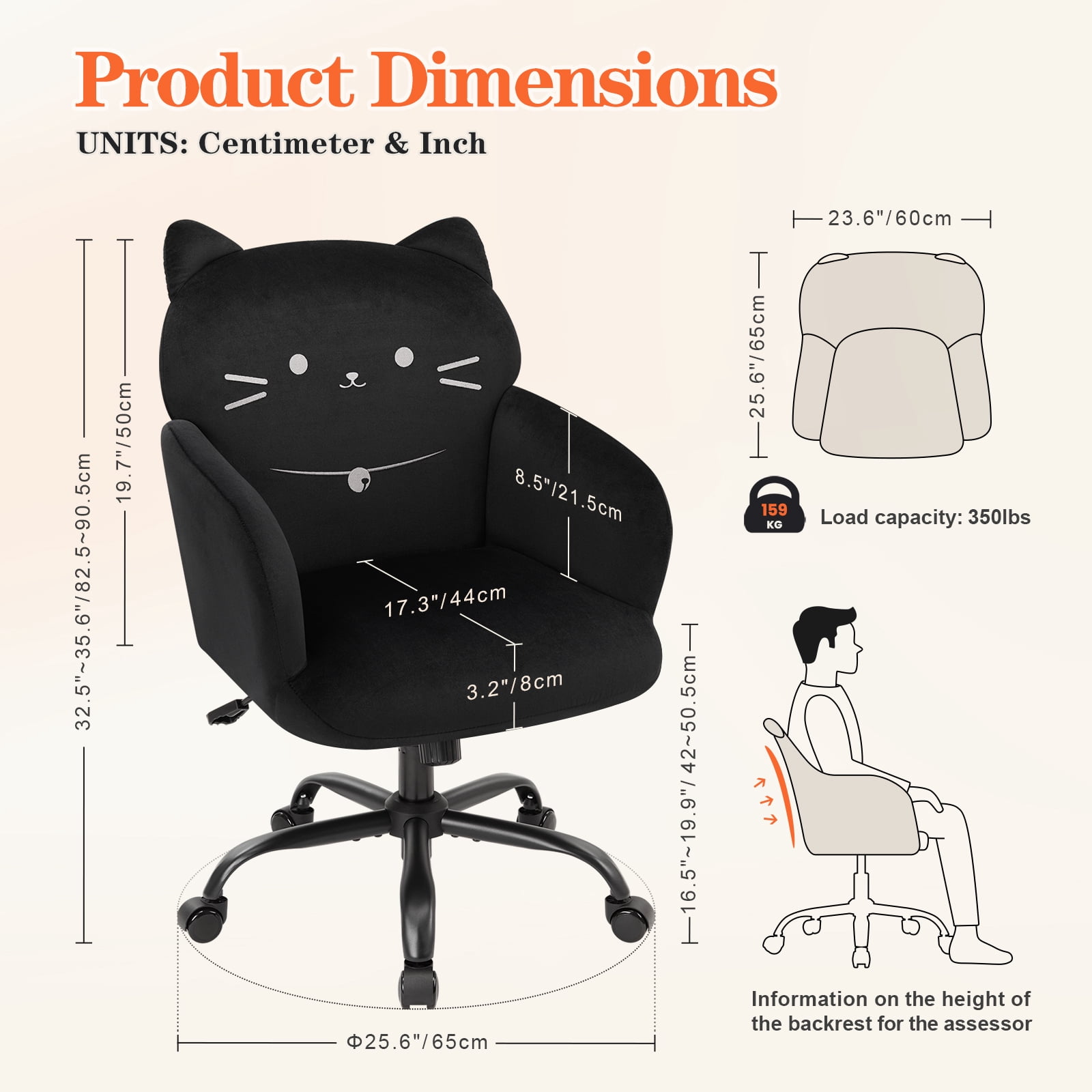 Ergonomic Office Chair for Women  Cute Pet Cat Themed, Velvet Upholstered, Wide Seat, Tufted Desk Chair for Bedroom Study
