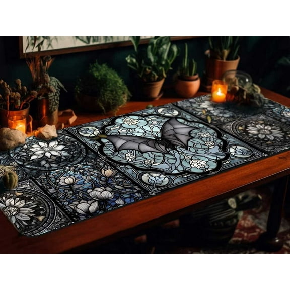 Medieval Gothic Stained Glass Bat Desk Mat Anime, Goth XXL Tarot Gaming Mouse Pad, Mystical Ergonomic Mousepad Wrist Rest