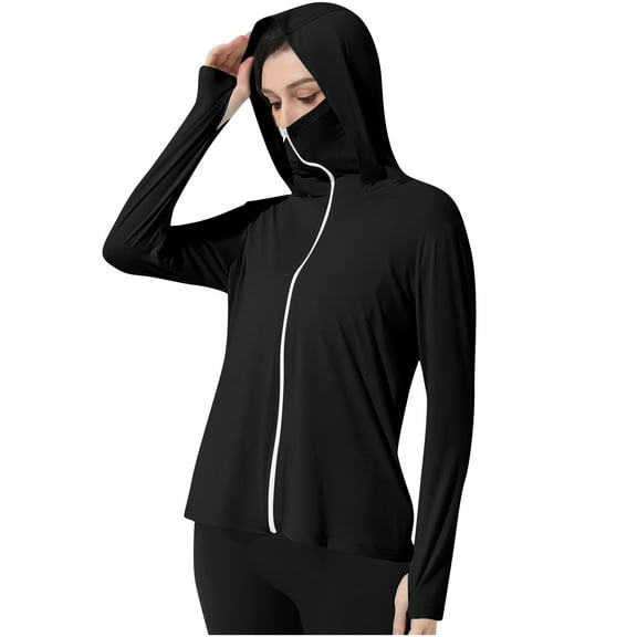 successthop Sun Protection Shirt Women UPF 50  Hooded Long Sleeve with Thumb Holes Solid Jacket for Outdoor Driving Traveling Hiking Fishing Black S