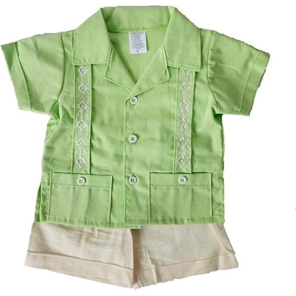 Guayabera para Bebé Pañalero con Short, Conjunto Mexicano de 2 Piezas para Niño, Guayabera Infantil de Manga Corta