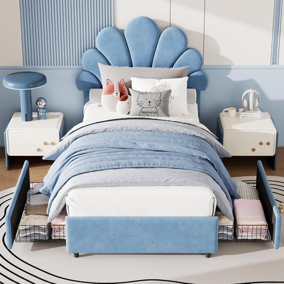 Twin Size Bed Frame for Girls with Storage Drawers, Upholstered Princess Velvet Platform Bed with Adjustable Headboard,Wood Slats, No Box Spring Needed, Blue