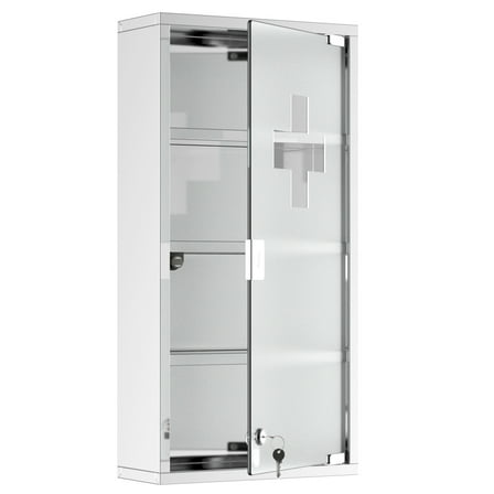 Wall Mounted Medicine Cabinet, with 4 Tier Shelves, Stainless Steel Frame and Glass Door