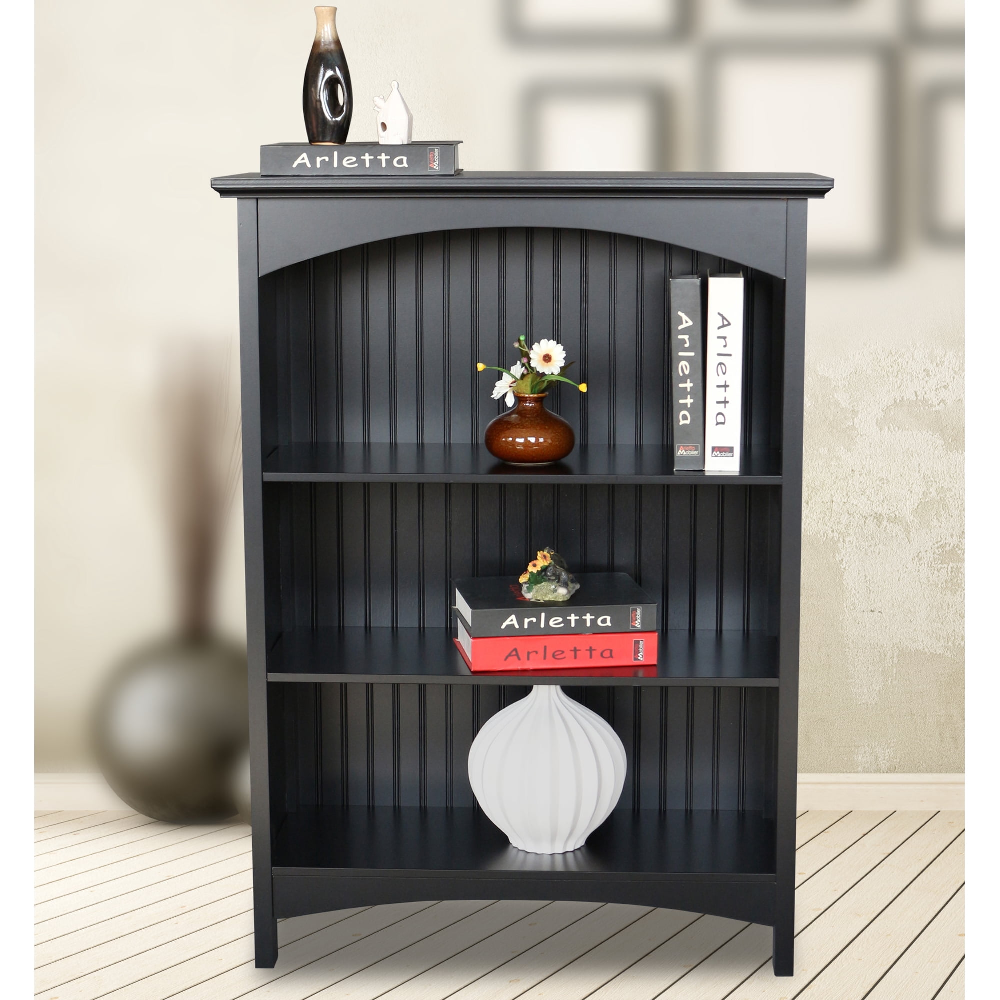 eHemco 3 Tier Storage Shelf Bookcase with 2 Arched Supports, 40 Inches Height, Black