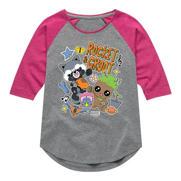 Marvel Guardians of the Galaxy - Groot And Rocket Stickers - Toddler And Youth Girls Shirt Tail Raglan