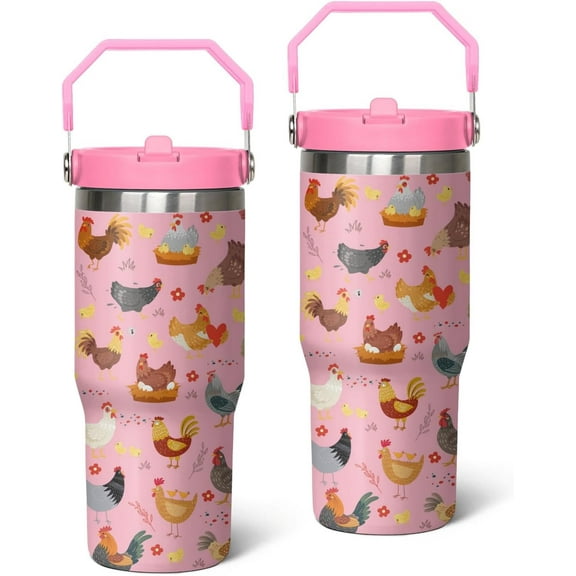 30 oz Chicken Tumbler with Handle, Large Insulated Tumbler with Flip & Straw Coffee Mug Cup Stainless Steel Gifts for Women Men Youth