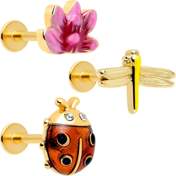 Body Candy 16G Womens 316L Stainless Steel 3Pc Ladybug Lotus Mens Labret Monroe Lip Ring Cartilage Tragus 5/16"