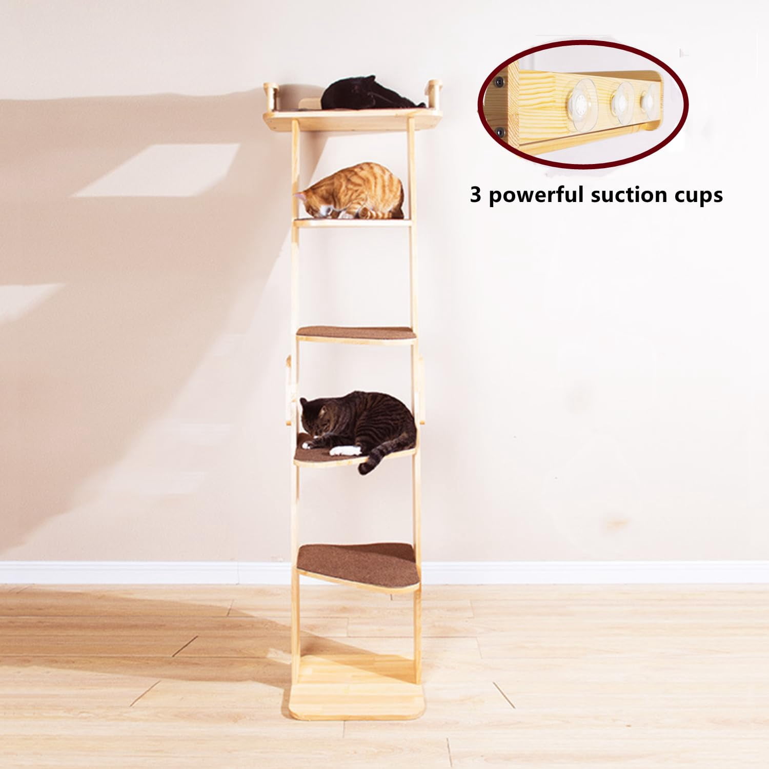 Modern 70" Tall 6 Level Leaning Cat Climbing Ladder Tree Tower Condo With Large Perch Platform For Window Wall  Solid Wood Furniture Shelves Multiple Cats