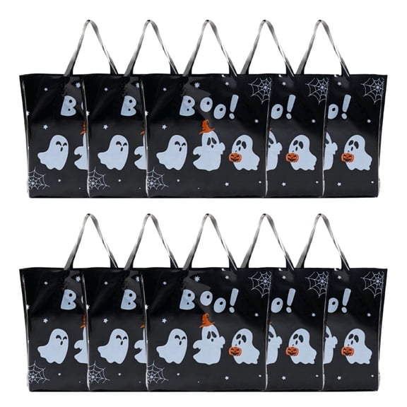 10 Pack Halloween Gift Bags with Handles, Black PE Trick or Treat Tote Bags, Reusable Pumpkin Ghost Party Favor Sacks for Kids Candy Goodie Bag
