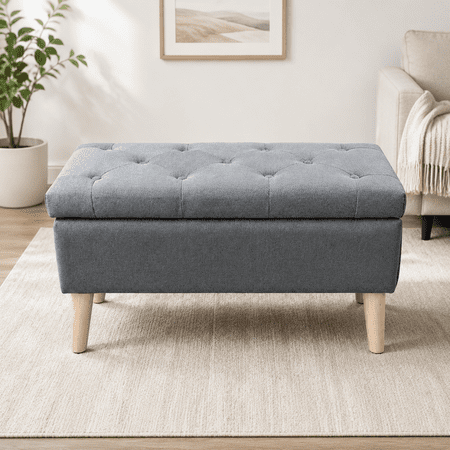 32" Wide Storage Ottoman Bench with Built-in Tray, Square Storage Ottoman for Extra Storage, Upholstered Footrest and End of Bed Bench, Perfect for Living Room, Bedroom, Sitting, Relaxing,