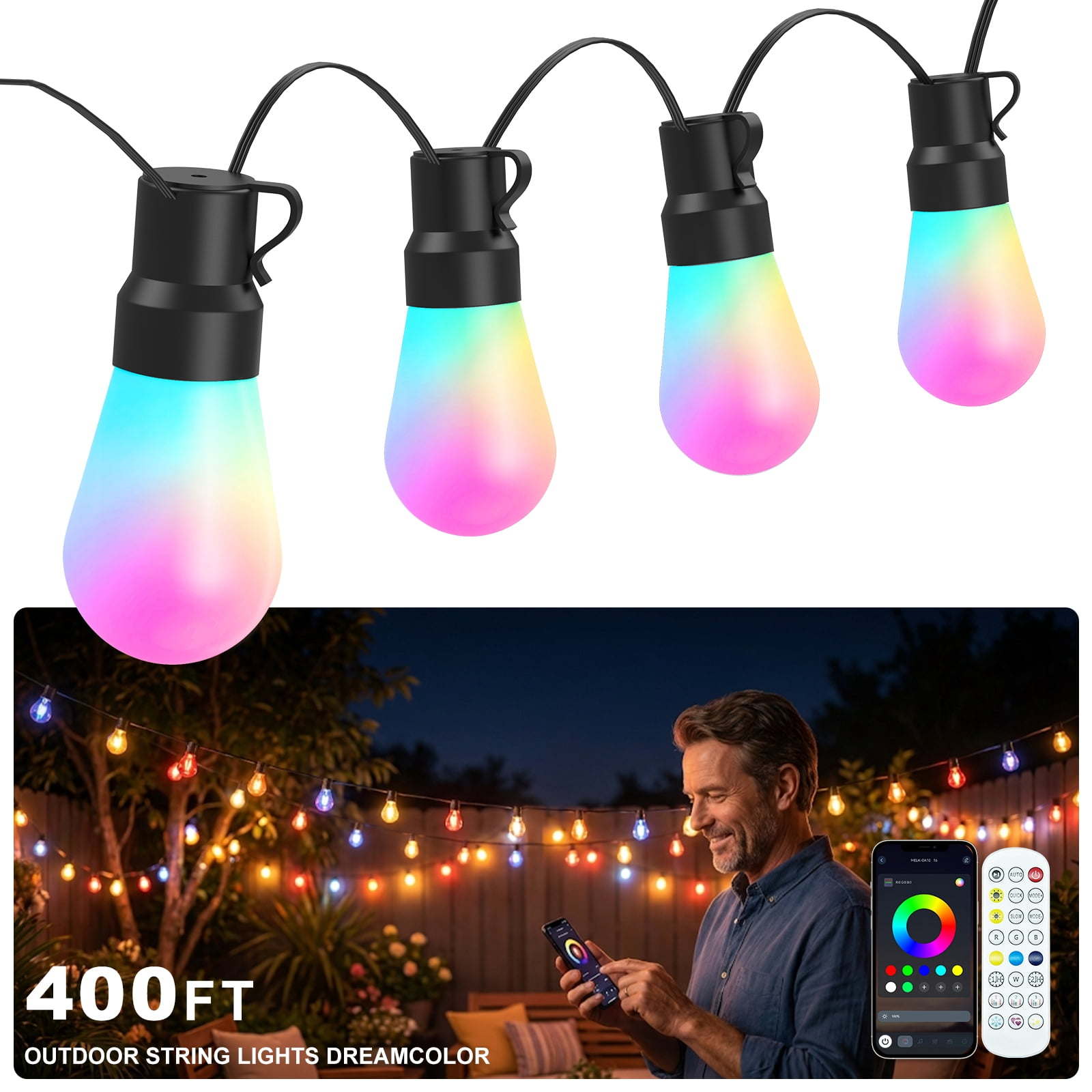 400FT RGB Outdoor String Lights, +IC Outside Light Dimmable Shatterproof LED Bulbs, IP67 Waterproof Chasing Effect Lighting DreamColor Patio Strip Lights for Backyard, Balcony, Outdoor Living