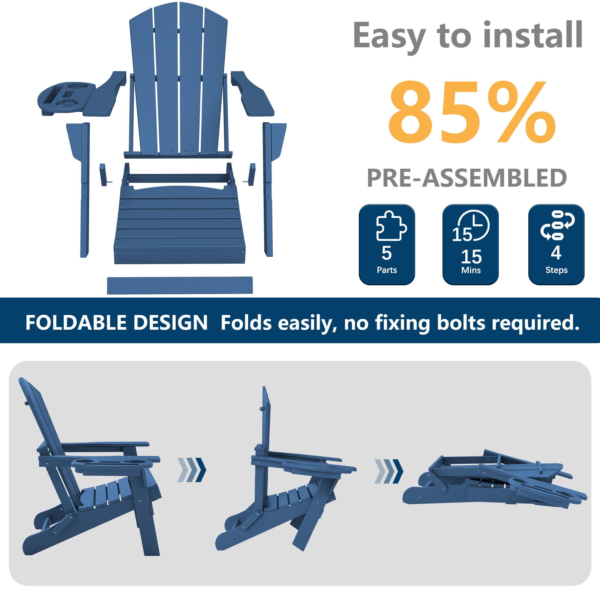 FOOWIN Folding HDPE Adirondack Chairs Set of 4, Blue