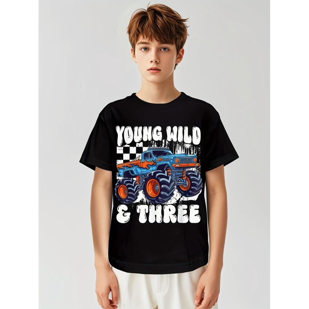 Camiseta infantil con diseño de camión monstruo de cumpleaños, joven y salvaje, para niños de 3 años, novedosa, con gráficos impresionantes, camisetas de moda para niños, camisetas de tendencia para