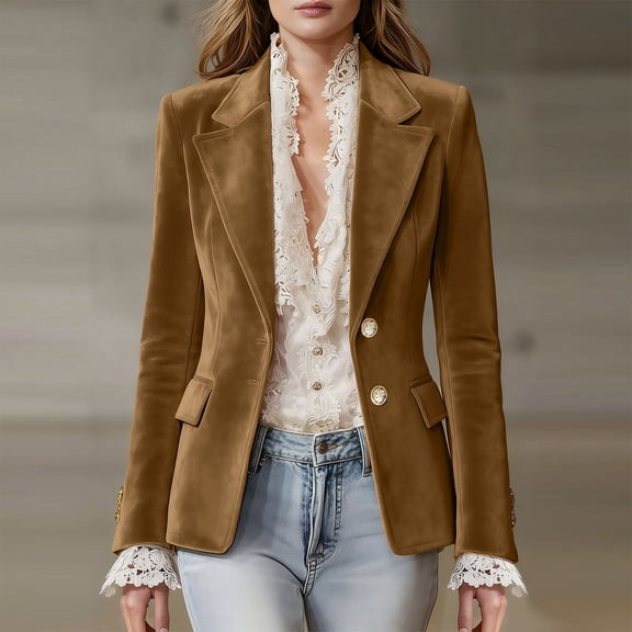 Ndbuld Jackets for Women Fashion Women Button Turndown Collar Solid Long Sleeve Jacket Coat,Brown,M