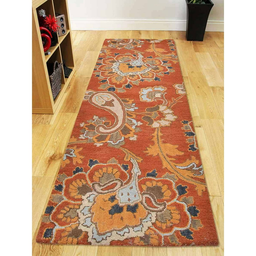 Rugsotic Carpets Hand Tufted Wool 2'6''x8' Runner Rug Floral Orange