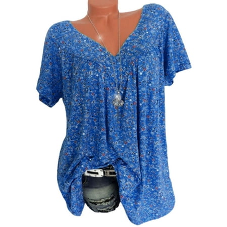 Patlollav Deals Tops for Womens Plus Size Clearance Short Sleeve Shirt V-Neck Print Blouse Pullover