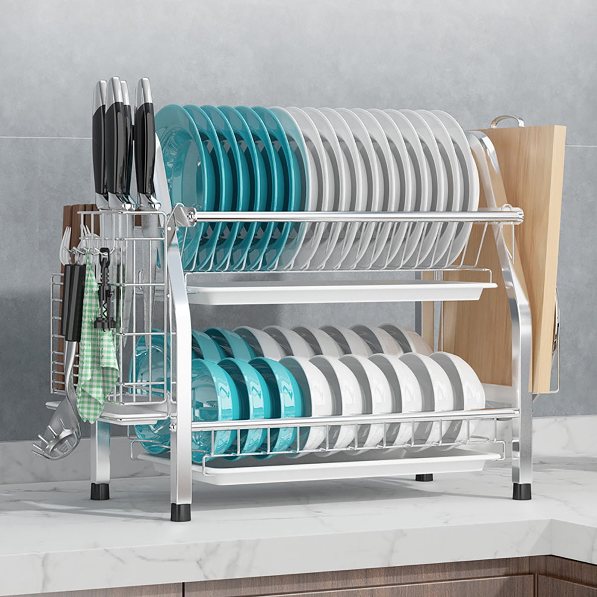 Dish Drying Rack, 304 Stainless Steel 2-Tier Dish Rack with Utensil 304 Stainless Steel Dish Drying Rack