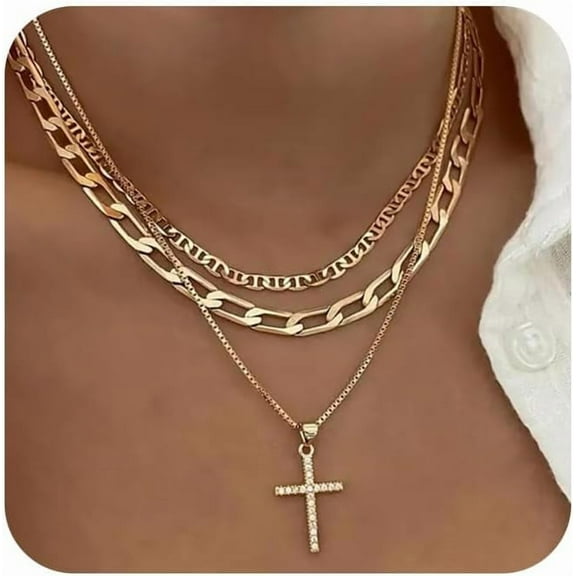 Layered Gold Necklaces for Women Dainty 14k Gold/Silver Plated Stackable Choker Necklaces for Women Trendy Cuba Cross Circle Pendant Necklaces Set Jewelry Gifts for Women
