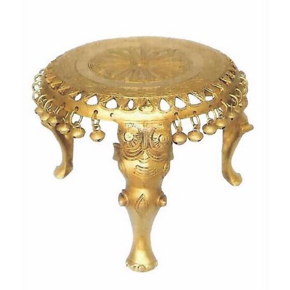 Sharvgun Brass Round Pooja Chowki For Home Temple Idols Handmade Gold Finish 7.94 lbs, 8 Inch