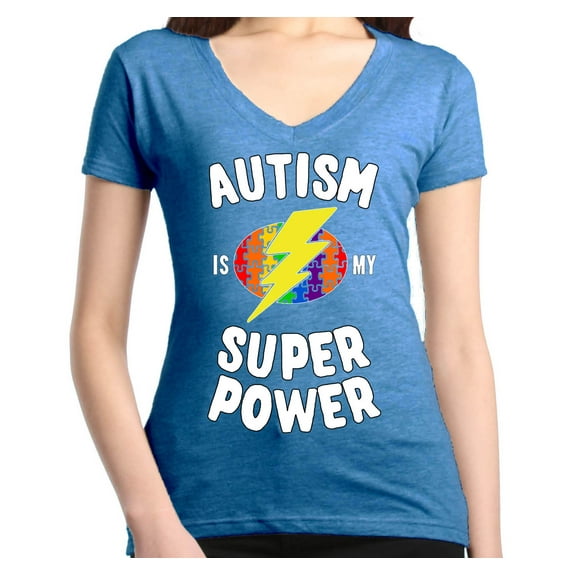 Shop4Ever Women's Autism Is My Super Power Autism Awareness Slim Fit V-Neck T-Shirt X-Small Heather Royal Blue